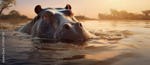 A hippopotamus is submerged in a river, seeking relief from the African heat. The massive animals body is partly visible, with only its eyes, ears, and nose above the water.