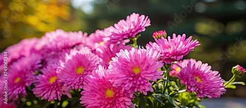 A bright pink Aster Amellus flowers arranged neatly in a vase  placed on top of a wooden table. The vibrant pink petals stand out against the blurred green foliage background.