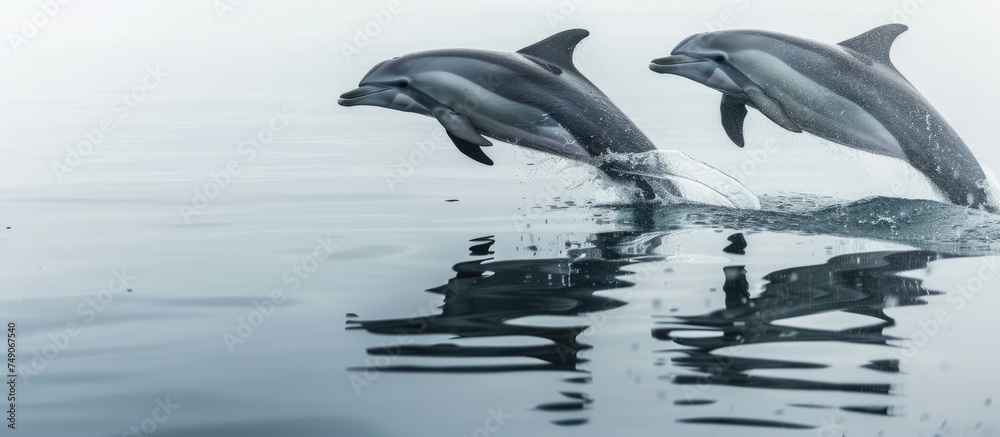 A pair of bottlenose dolphins are captured in mid-air as they leap out of the water, showcasing their stunning acrobatic abilities against the backdrop of the ocean. A pair of bottlenose dolphins are captured in mid-air as they leap out of the water, showcasing their stunning acrobatic abilities against the backdrop of the ocean.