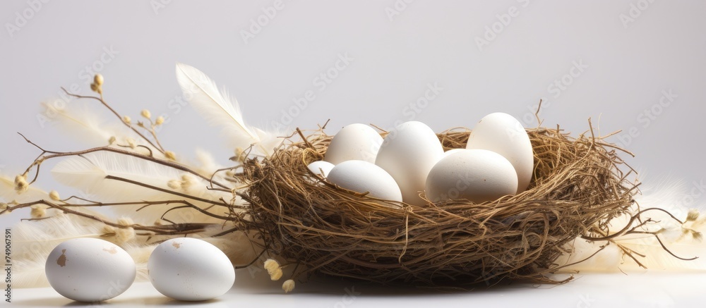 A cluster of eggs nestled in a straw nest is placed on top of a clean, white table surface. The scene is simple and minimalist, highlighting the delicate shapes of the eggs against the neutral A cluster of eggs nestled in a straw nest is placed on top of a clean, white table surface. The scene is simple and minimalist, highlighting the delicate shapes of the eggs against the neutral