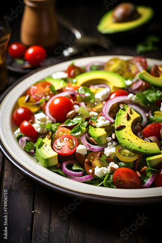 Rustic Feast: Vibrant and Fresh Avocado Salad garnished with Feta Cheese and Pecans