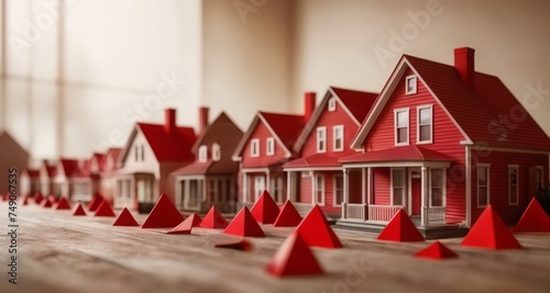  A charming row of miniature houses with red roofs and white trim
