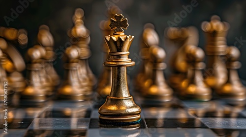 Standing out from the crowd, golden King chess standing in front of other chess, leader must have courage and challenge in the competition, business vision for a win in business games different