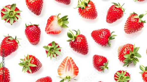 Strawberry Seamless Pattern Realistic Whole Berries, Top View on White Background. 