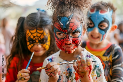 Group of Joyful Children with Colorful Face Paint at Outdoor Party, Smiling and Showing Paint Brushes photo