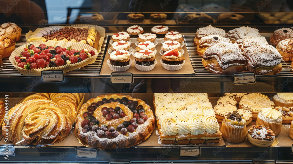 Mouthwatering pastry items beautifully arranged and labeled for dietary preferences catch the eye in a Healthy Bakes Bakery window display.