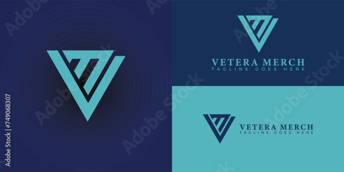 Abstract initial letter VM or MV logo in blue cyan color isolated in multiple backgrounds applied for clothing merch business logo also suitable for the brands or companies have initial name MV or VM.