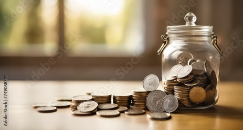  Savings jar with coins, symbolizing financial goals and progress