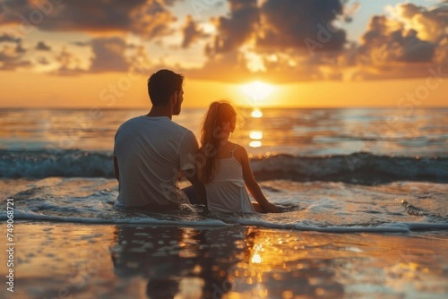 A serene image capturing a couple sitting by the seashore, enjoying a beautiful sunset over the ocean, evoking feelings of romance and peace