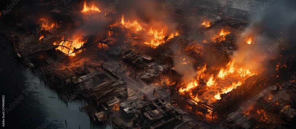 This aerial view captures the destructive blaze consuming a production plant in an industrial area within the city. Smoke billows high into the sky as flames engulf the buildings, causing extensive