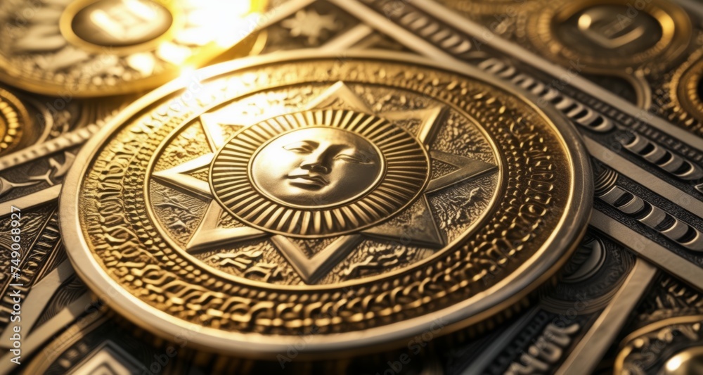 Golden coin with intricate design and face, symbolizing wealth and history Golden coin with intricate design and face, symbolizing wealth and history