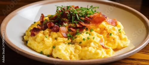 A plate filled with fluffy scrambled eggs mixed with crispy bacon pieces and garnished with fresh chives.