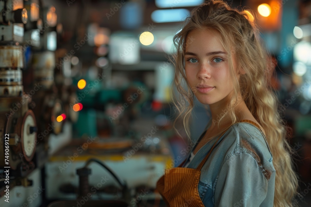 Young blonde woman standing in a workshop with industrial machinery in the background