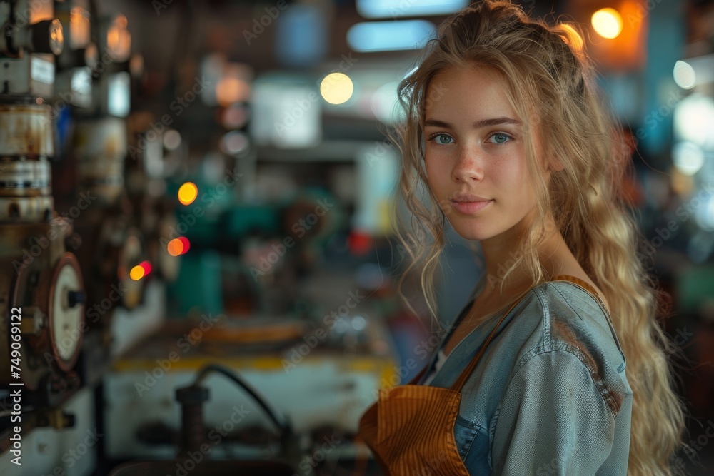 Fototapeta premium Young blonde woman standing in a workshop with industrial machinery in the background