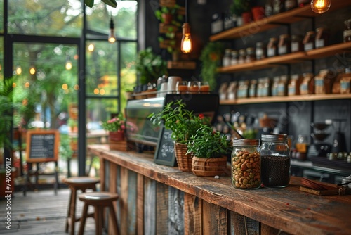 An inviting cafe interior, wooden bar with plants, and hip industrial style lighting in a serene atmosphere