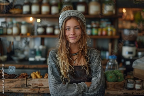 Casual dressed woman with long blond hair in a cozy beanie inside a rustic shop