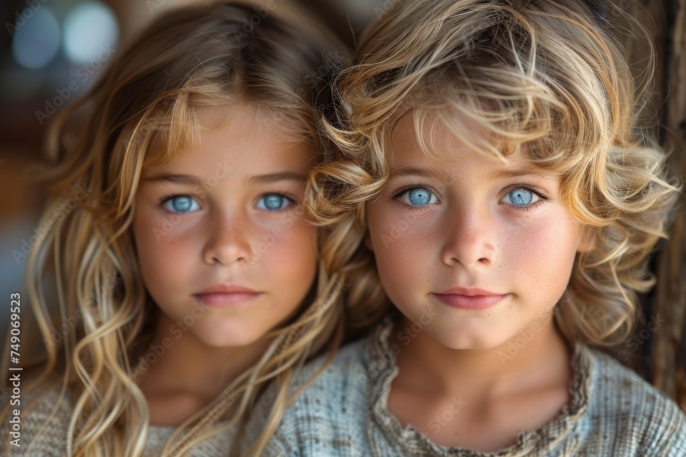 A poignant portrait showcasing the bond between two young twin girls with striking similarities A poignant portrait showcasing the bond between two young twin girls with striking similarities