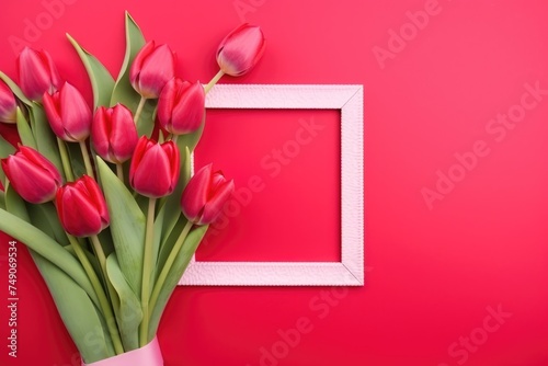 Vivid Pink Tulips and Frame on Red Background. Bright pink tulips with a white frame on a bold red background.