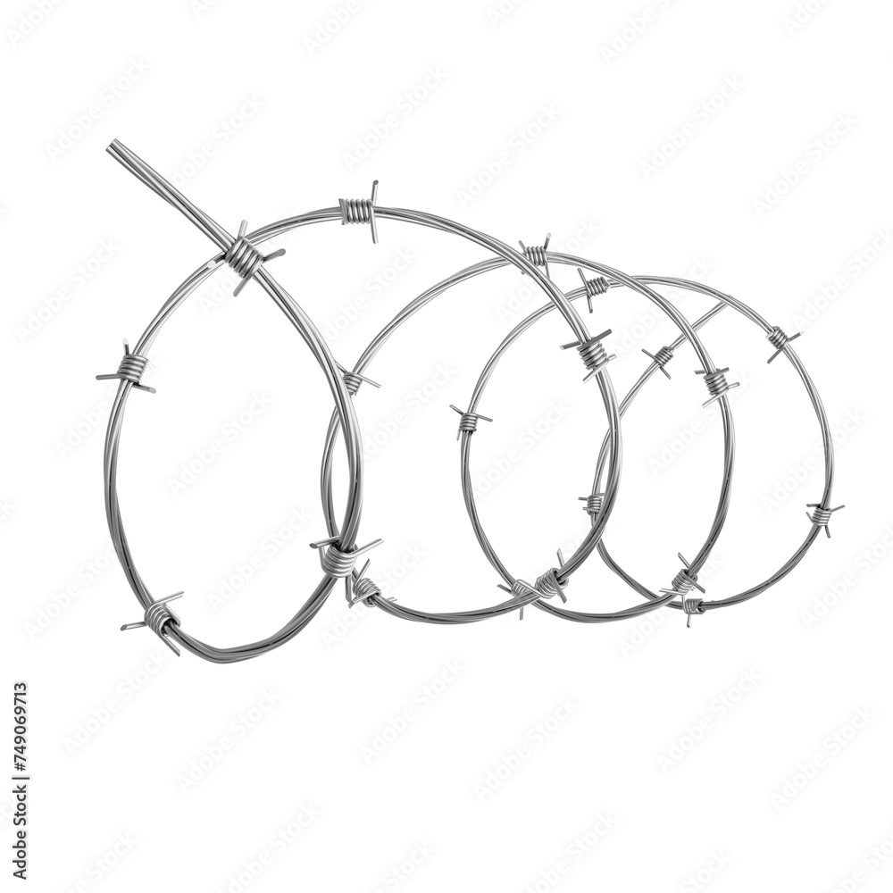 Silver barbed wire in a spiral shape isolated on a transparent background. 3D illustration.