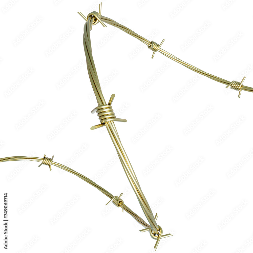 Golden barbed wire in a spiral shape isolated on a transparent background. 3D illustration. Golden barbed wire in a spiral shape isolated on a transparent background. 3D illustration.