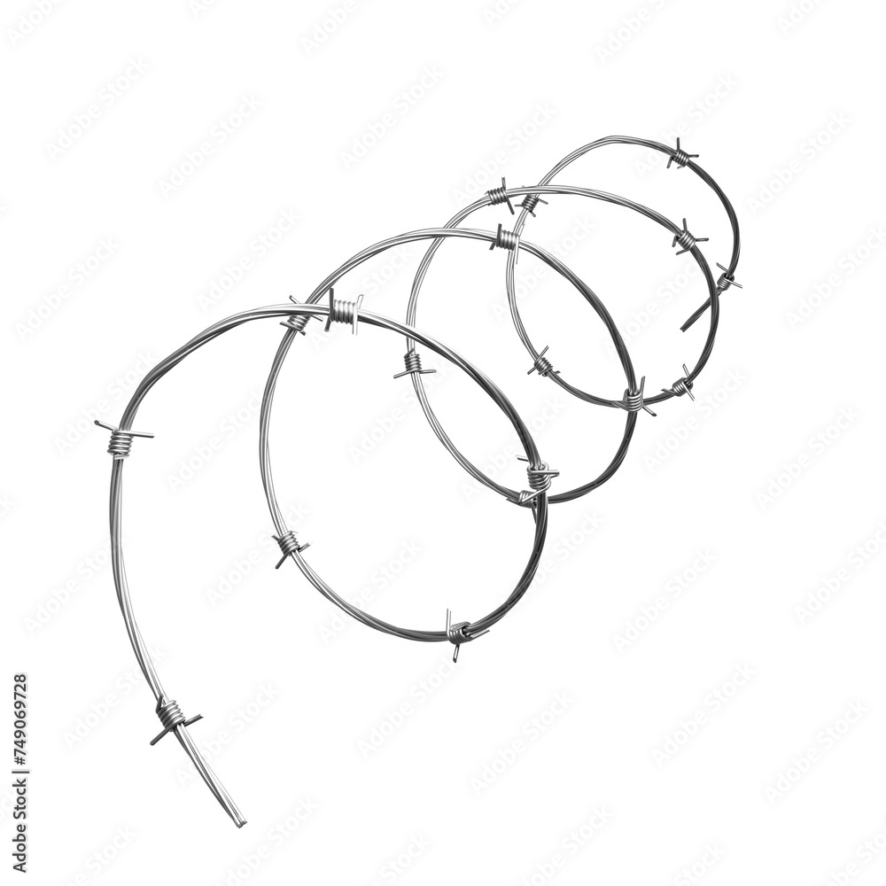 Silver barbed wire in a spiral shape isolated on a transparent background. 3D illustration. Silver barbed wire in a spiral shape isolated on a transparent background. 3D illustration.