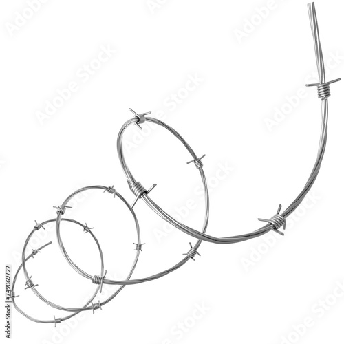 Silver barbed wire in a spiral shape isolated on a transparent background. 3D illustration.