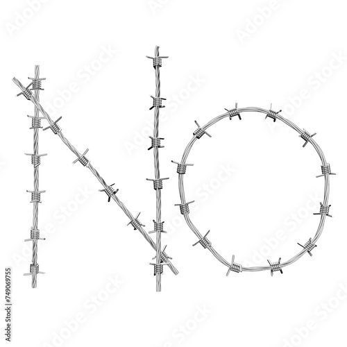 The word "no" written with chrome barbed wire isolated on a transparent background. © Nadya