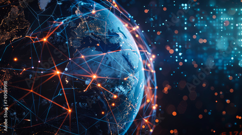 Earth Technology Grid in Space representing World Network, Cryptocurrency, Blockchain, and IoT Telecommunication Technology