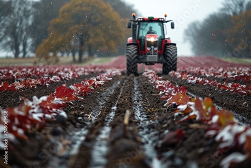 Dramatic image of a red tractor plowing through wet soil with vibrant red leaves and a moody overcast sky photo