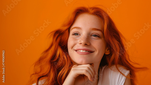 Mulher ruiva jovem e atraente isolada no fundo laranja - Papel  de parede © Vitor
