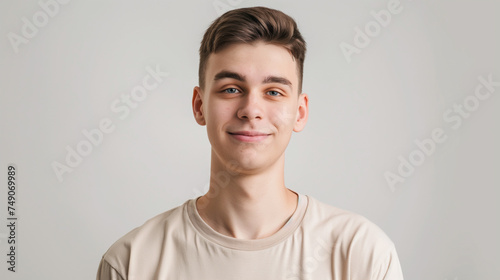 Jovem garoto sorrindo vestindo camiseta bege isolado no fundo bege photo