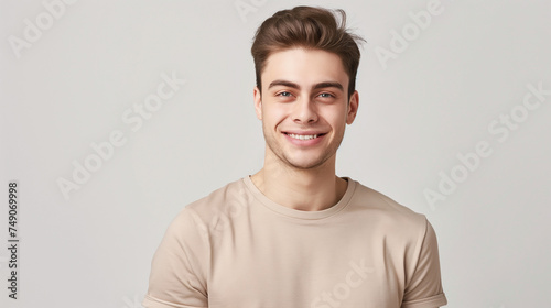 Jovem garoto sorrindo vestindo camiseta bege isolado no fundo bege © Vitor