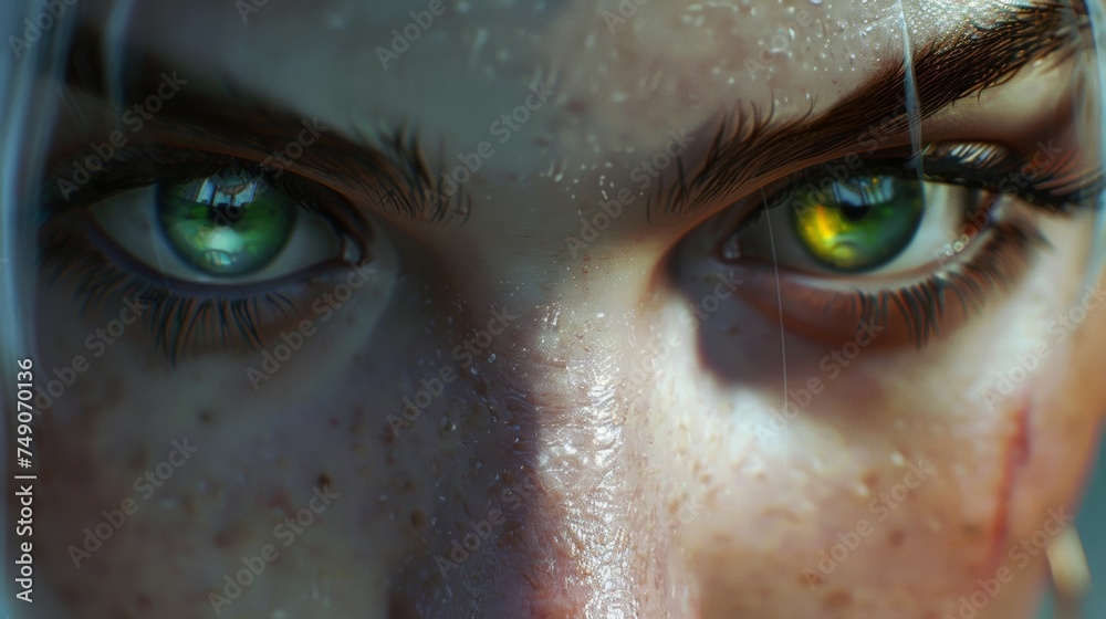 A closeup of a virtual characters face showing their determination and focus as they prepare for the next level of the game. A closeup of a virtual characters face showing their determination and focus as they prepare for the next level of the game.