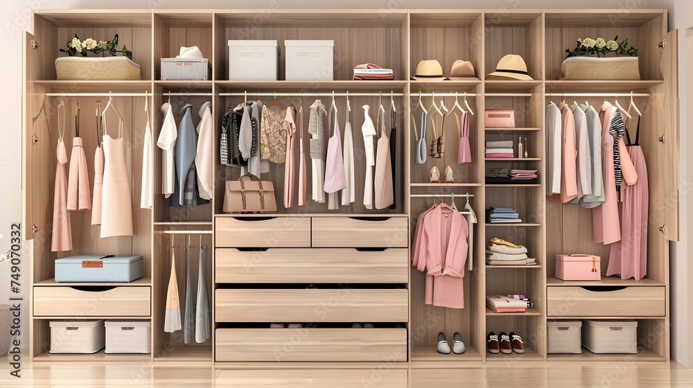 walk in closet bedroom organizer with drawers and shelves rack for clothes and accessories, wide banner with copy space area for home interior concepts