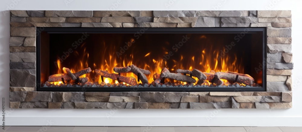 A close-up view of an electric fireplace with a fire burning inside, isolated on a white wall background. The flames dance, casting a warm glow and providing comfort and warmth. A close-up view of an electric fireplace with a fire burning inside, isolated on a white wall background. The flames dance, casting a warm glow and providing comfort and warmth.