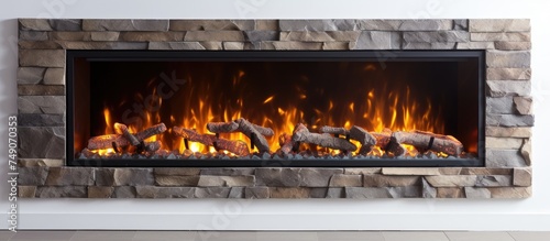 A close-up view of an electric fireplace with a fire burning inside, isolated on a white wall background. The flames dance, casting a warm glow and providing comfort and warmth.