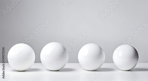 Four glossy white spheres aligned neatly on a clean, grey background with soft lighting.