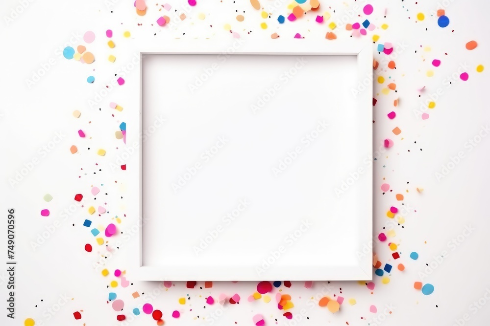 Joyful scattered confetti creating a lively border around a clean white canvas for messages. Party Vibes: Cheerful Confetti Border on White