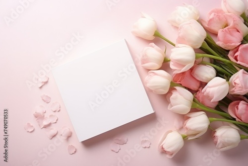 Elegant pink and white tulips arranged next to a blank white greeting card on a soft pink background, perfect for messages of love and springtime wishes. Pink and White Tulips with Blank Greeting Card © Оксана Олейник