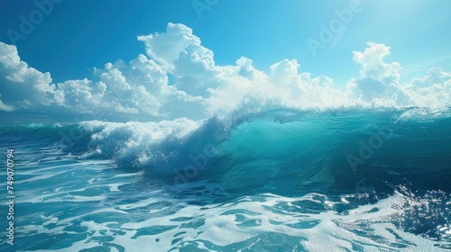 Vibrant image of a cresting wave in the ocean with a backdrop of puffy white clouds and blue sky. © Praphan