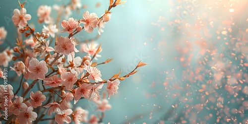 sakura flowers on pale tosca background, minimalist concept, background with empty space for text placemen