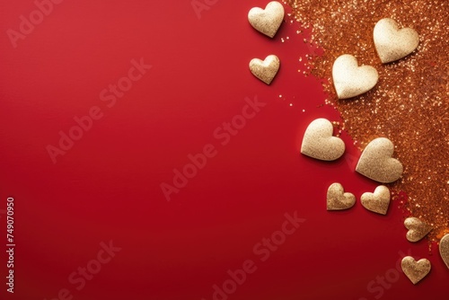 Golden hearts scattered with gold glitter on a bold red background. Scattered Golden Hearts on Red Surface © Оксана Олейник