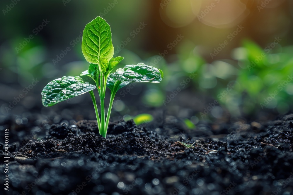 A single green seedling sprouts from moist, fertile soil symbolizing potential and life's inception in a natural setting A single green seedling sprouts from moist, fertile soil symbolizing potential and life's inception in a natural setting