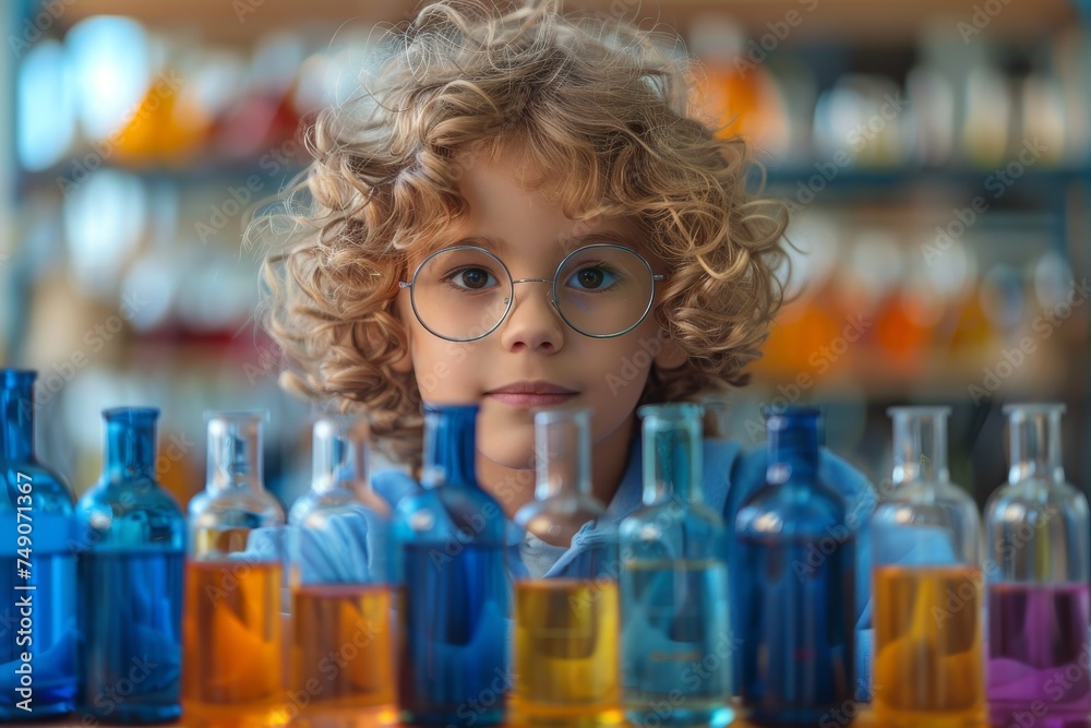 Cute child with curly hair peering curiously between blue and yellow laboratory bottles Cute child with curly hair peering curiously between blue and yellow laboratory bottles