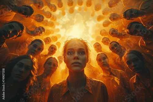 Surreal image with a central figure surrounded by a group bathed in golden light, evoking awe and unity, suitable for artistic or spiritual events.
