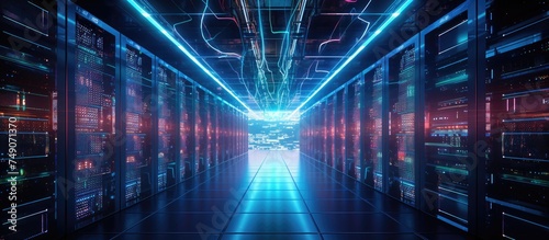 A long hallway is filled with rows of servers, each one packed with technology and blinking lights. The futuristic backdrop gives a glimpse into a supercomputer setup.