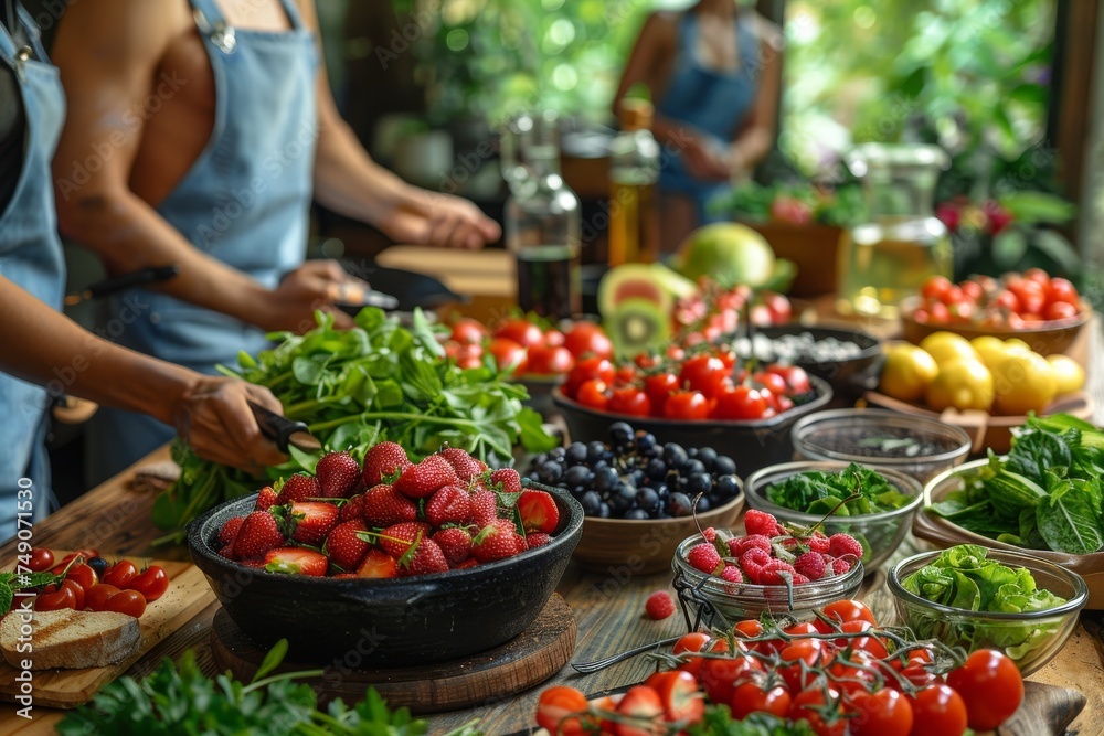 Obraz premium A burst of color with fresh fruits and a hands-on preparation in a kitchen, showcasing a healthy, culinary lifestyle