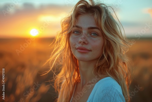 Beautiful young woman in a field at sunset  conveying serenity and connection with nature