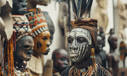 Intricate African Tribal Masks and Statues at Cultural Heritage Exhibition photo