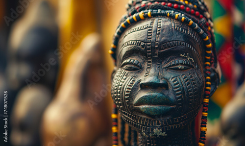 Detailed African Carved Wooden Statue with Traditional Beadwork © Marianne